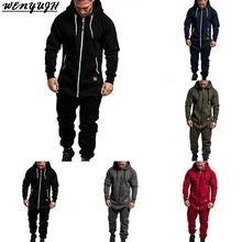 Мужской однотонный комбинированный комбинезон, Осень-зима, повседневный комбинезон на молнии с капюшоном и принтом, цельный мужской комбинезон