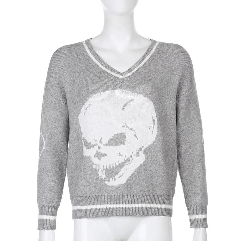 Camisola de Malha Darlingaga Gótico Crânio Impressão Outono Inverno Mulher Suéteres Moda Solto Y2k Pulôver Harajuku Senhoras Puxar Femme 14 Cheap Pulôveres