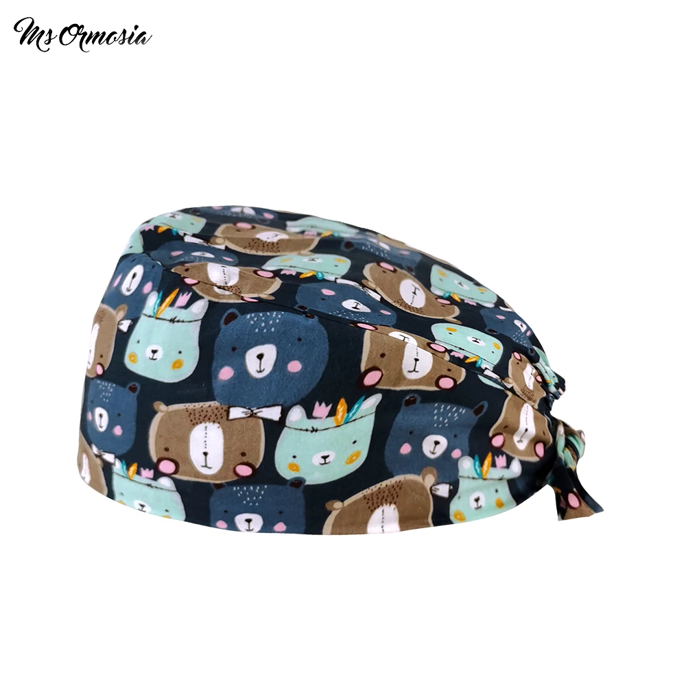 

Tooth Cleaning work scrub hat new Built-in Sweat towel cute cartoon bear print Postpartum Repair Center spa scrubsTieback cap