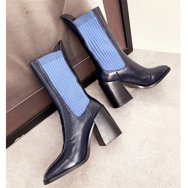 Knsvvli Chunky High Heels Knitting Stretch Boots Woman Mixed Color Runway Short Boots Leather Patchwork Sock Boots Women