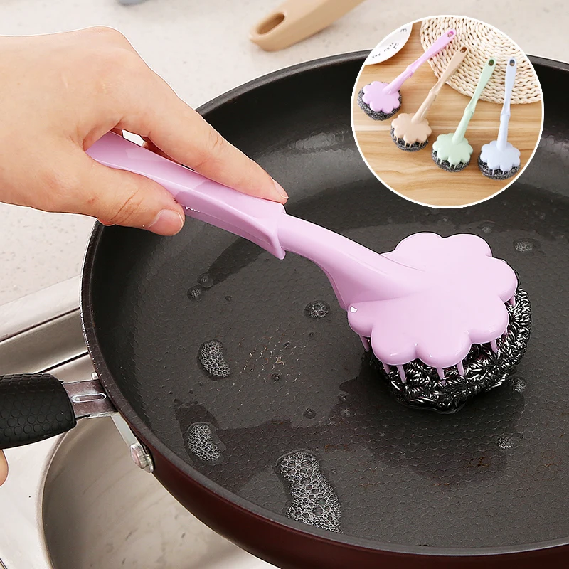 Kitchen Cleaning Brush Stainless Steel Wire Ball With Handle Clean Brush For Dish Bowl Pan Clean Scrubber Ball Cleaning Tools