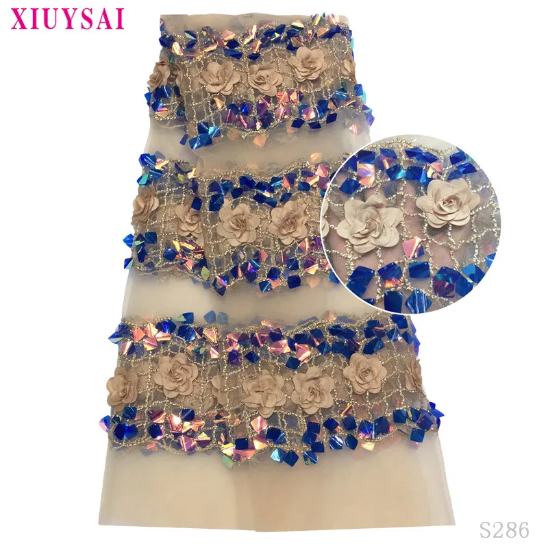 XIUYSAI, африканская кружевная ткань, 5 ярдов,, 3D блестки, цветы, французская сетка, кружево для нигерийского платья, французское кружево S286