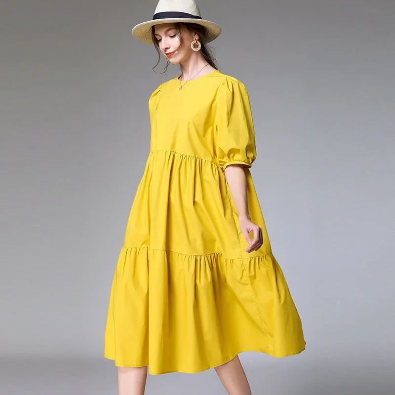 LANMREM 2020 New Fashion Large Size XL-4XL Dress Women Over Short Sleeve Solid Wild Round Collar Slim Simple Leisure AP646 | Женская
