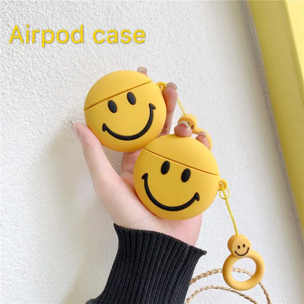 

Smiley face Silicone Case For Apple Airpods 1 2 INS lovely funny yellow smile expression Ring Lanyard Hang Loop protective Cover
