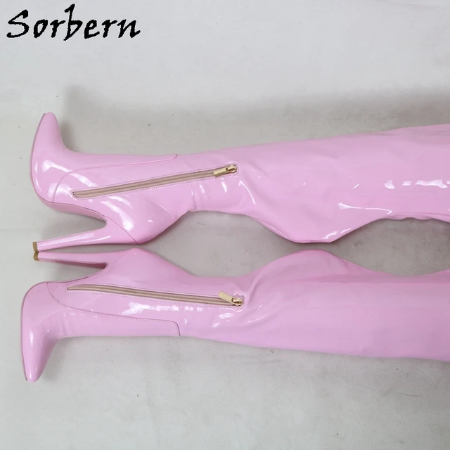 Sorbern Baby Pink Shiny Thigh High Boots