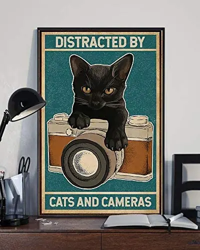 

SIGNCHAT Love Cat Poster Love Camera Poster Easily Distracted by Cat and Camera Cat Lover Gift Photographer Gift Vintage Cat