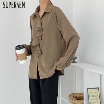 

SuperAen Ruffled Fashion Women Shirts Solid Color Long-sleeved 2020 Spring and Autumn Ladies Blouses and Tops Wild Women Clothes