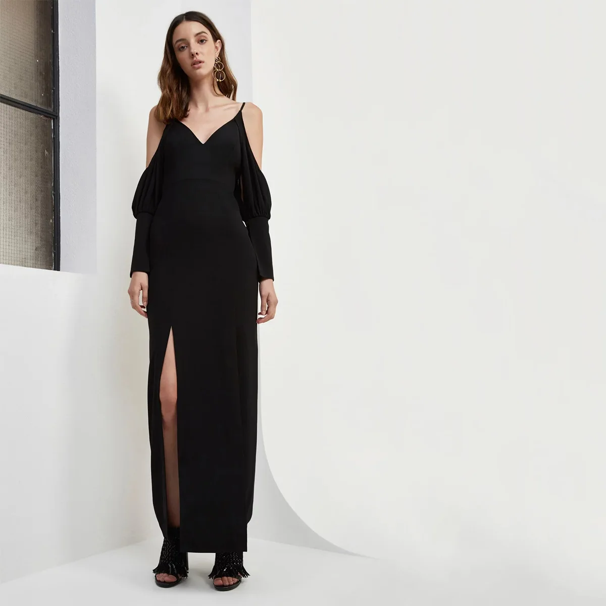 

2019 Autumn New Style Europe And America Women's Elegant off-Shoulder Lantern Sleeve Side Slit Solid Color Dress Women's
