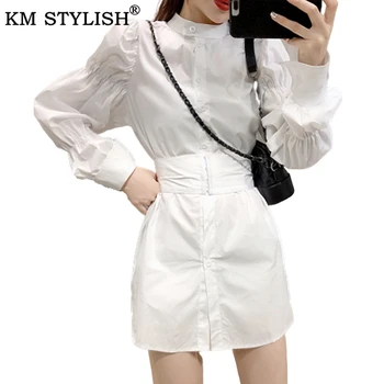 

KM STYLISH 2019 Korean Women's Autumn New White Shirt Mini Dress Female Puff Long sleeve Casual One-piece dress With girdle