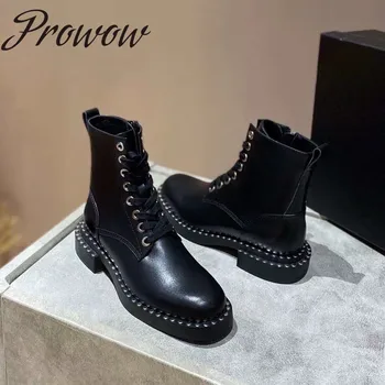 

Prowow Black Genuine Leather Runway Design Genuine Leather Metal Studded Ankle Boots Lace Up Thick Heel Punk Boots Shoes Wome