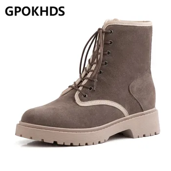 

GPOKHDS 2020 women ankle boots soft cow suede winter short plush lace up brown color round toe high heels equestrian boots