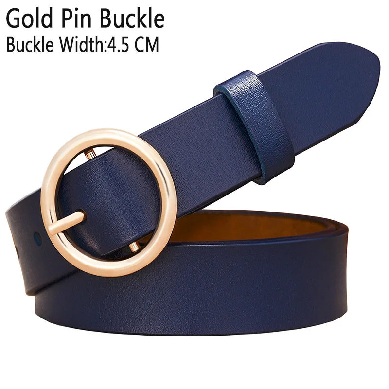 Dark Blue Goldbuckle Модный ремень с круглым кольцом и пряжкой, женские ремни из натуральной кожи для женщин, качественный ремень из коровьей кожи, женский пояс для джинсов, ширина 2,8 см - Цвет: Dark Blue Goldbuckle