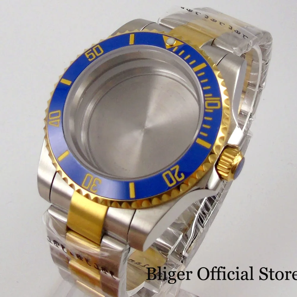 

Gold Coated Watch Case for NH35 NH36 NH36A Blue Insert Rotating Bezel Oyster Bracelet Sapphire Glass without Cyclops