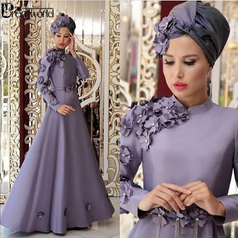 Lilac Muslim Hijab Evening Dress 2021 High Collar Full Sleeves 3D Flower Satin A-Line Long Formal Party Gowns Robe De Soire | Свадьбы и