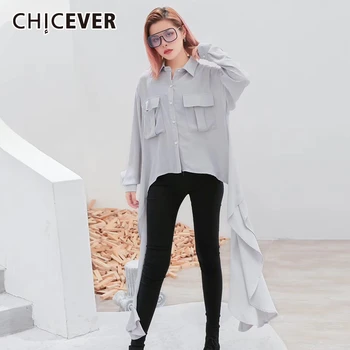 

CHICEVER Korean Patchwork Pocket Lace Up Shirt For Women Lapel Collar Long Sleeve Loose Oversize Blouse Female Fashion 2020 New