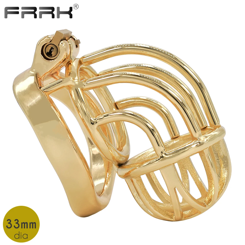 FRRK Gold Chastity Cage Metal Golden Male Bondage Belt Devices Steel Cock Ring Curve Penis Sleeve BDSM Lockable Sex Toys for Men | Красота и