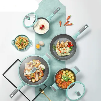

Four piece set of household non stick pots and pans kitchen utensils set with thickened double bottom aluminum alloy cookware