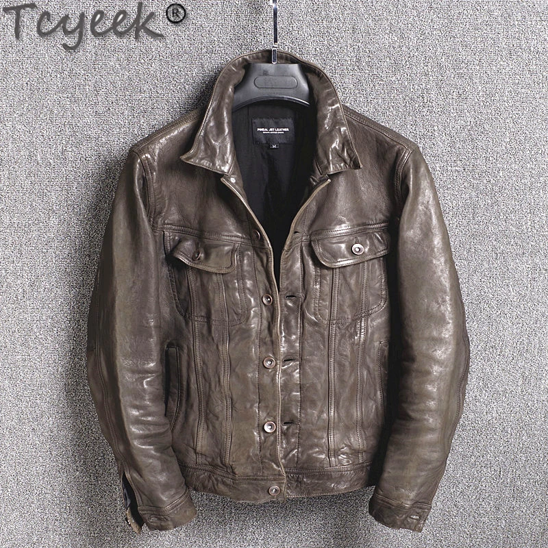 Tcyeek Japanese Style Vintage Leather Jacket Men Casaul Motorcycle Jackets  Short Real Sheepkskin Coat Chaqueta De Los Hombres 84