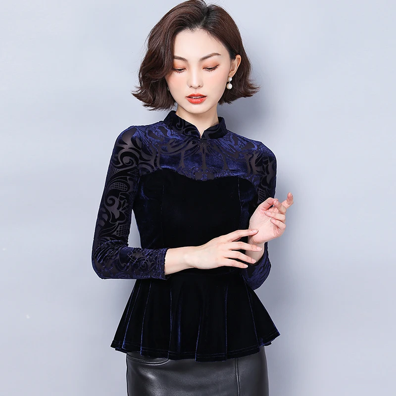  2019 New Autumn Vintage Women Shirts Mandarin Collar Pleuche Chinese Wind Blouse Shirt Sapphire Pur
