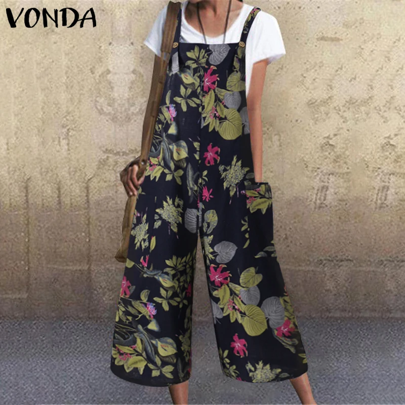 VONDA Summer Loose Rompers Women Jumpsuits 2021 Sexy Sleeveless Vintage Printed Tank Playsuits OL Office Overalls Pantalones |