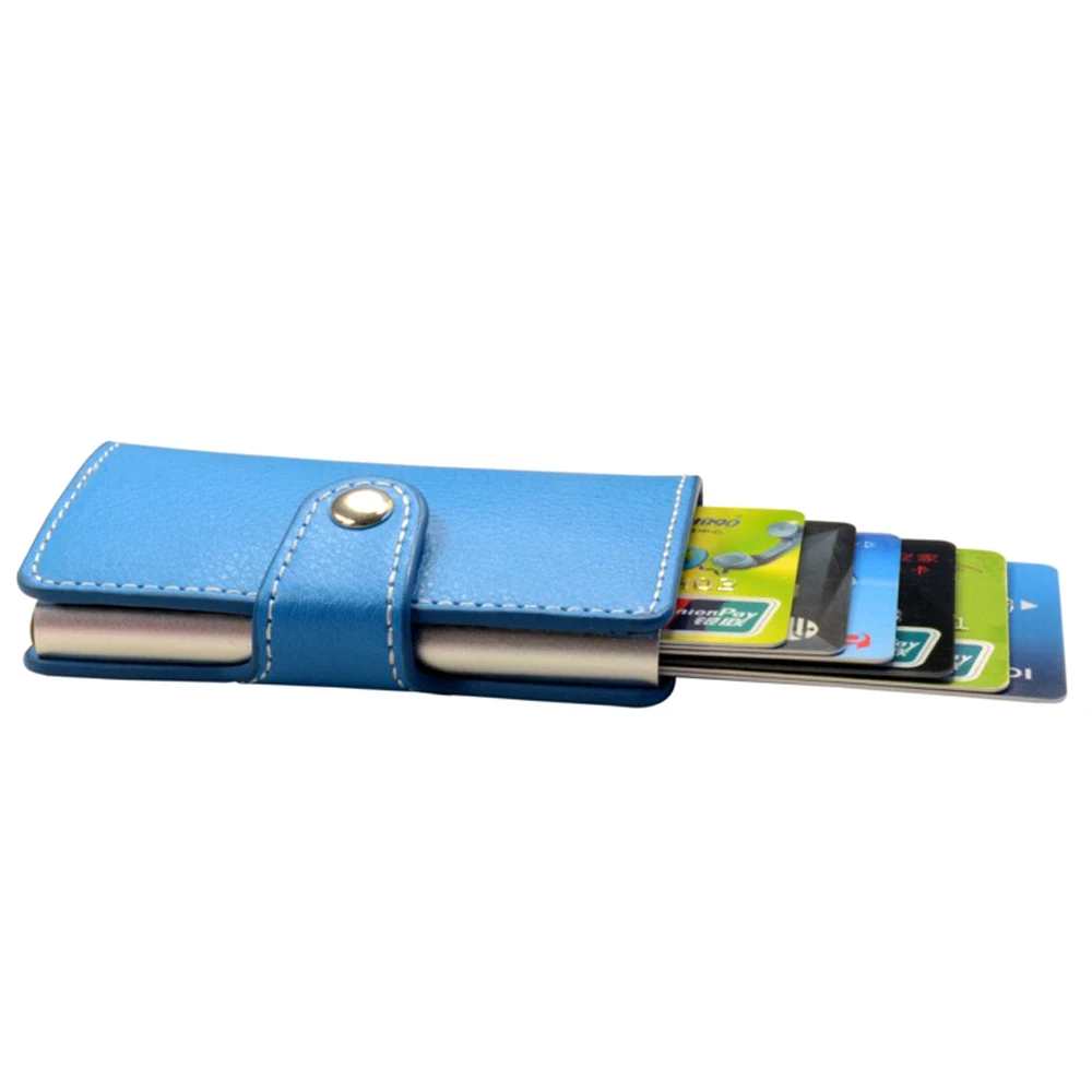 

Pop up Genuine Leather RFID Automatic Wallet Credit Card Holder Case Aluminum Alloy Anti-Theft RFID Blocking Bank Credit Card