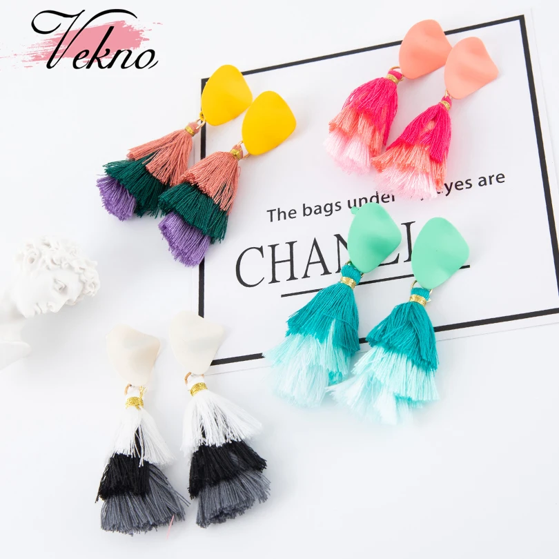 

VEKNO Bohemian Fringe Gradient Multilayer Drop Earrings Women Stylish Candy Color Ethnic Style Irregular Long tassel earrings