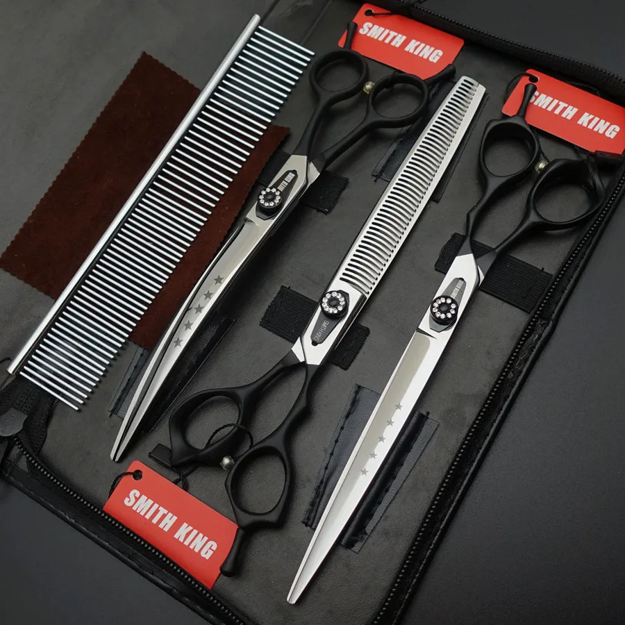 3 pcs sets 8 inchProfessional ножницы для волос животных/ножницы для ухода за домашними животными, 8〞прямые ножницы и истонченные ножницы и изогнутые ножницы+ кожаный мешок - Цвет: 3 pcs sets