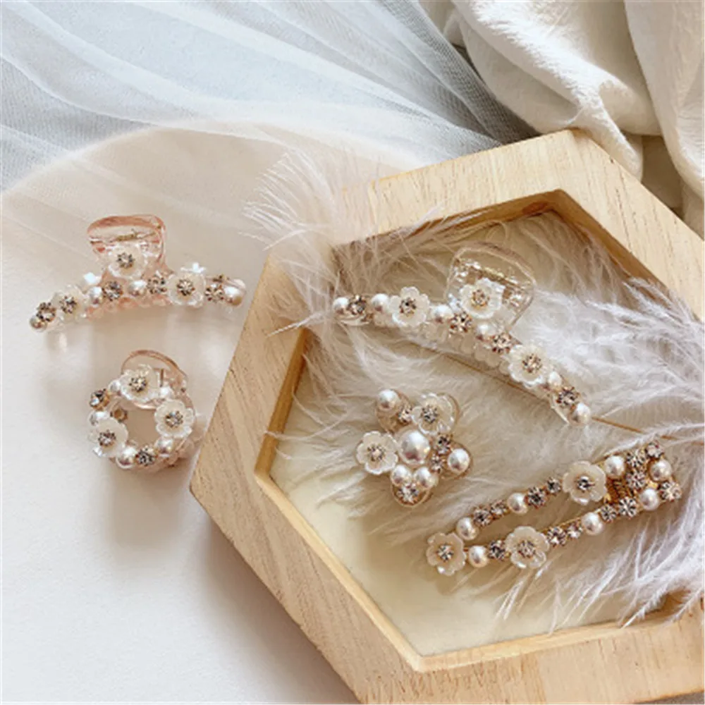 Модная Корейская заколка с жемчугом Стразы Цветочная пластина для волос