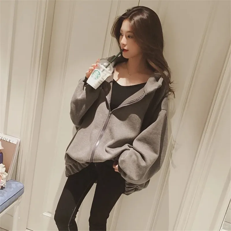 Winter New Korean Hip Hop Loose Oversized Hoodies Women Casual Hooded Sweatshirt Bubble Sleeve Zipper Coat Tops Kpop Streetwear