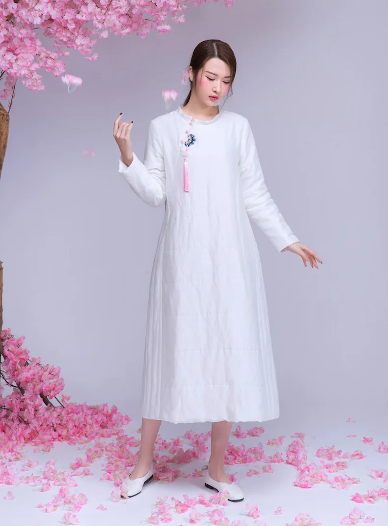 

Zeho Hall 2018 Autumn & Winter New Style White Silk Linen Mid-length Robes Literature And Art Retro Long Meditation WOMEN'S Dres