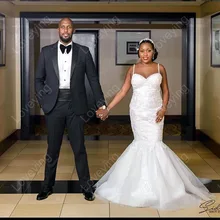 

Pretty African Princess Lace Appliques Plus size Wedding Dresses Spaghetti Straps Wedding Gowns Bride Dresses Robe de Mariee