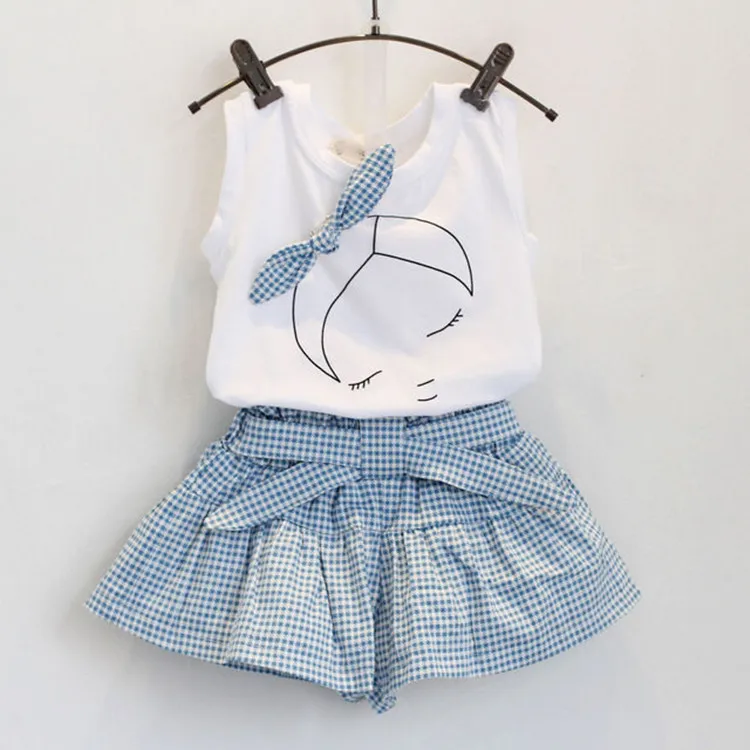 

2019 Summer Childrenswear New Products Girls Korean-style Set Cute Bow T-shirt + Plaid Skirt Pants