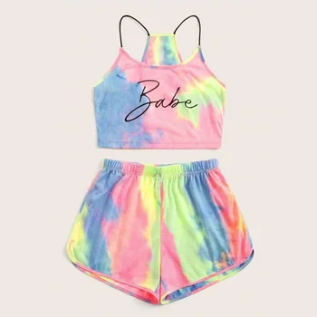 

Tie Dye Print 2 Piece Set Casual Summer Pink Gradient Crop Top Wide Leg Shorts Pants Set Beachwear Women Tracksuit Streetwear