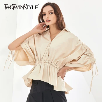 

TWOTWINSTYLE Apricot Shirt For Women Lapel Lantern Half Sleeve Patchwork Ruffles Drawstring Tunic Blouse Female 2020 New Clothes