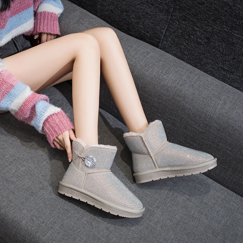 New Sexy Rhinestone Buttons Ankle Boots Women Flat Keep Warm Snow Boots Shoes Woman Short Plush Winter Shoes Botas Mujer