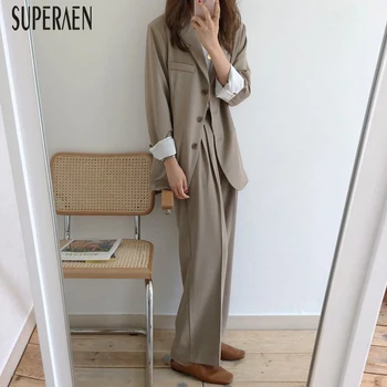 

SuperAen Korean Style Suit Women's Sets Spring New 2020 Casual Solid Color Suit Jacket High Waist Wide Leg Pants Two Pieces
