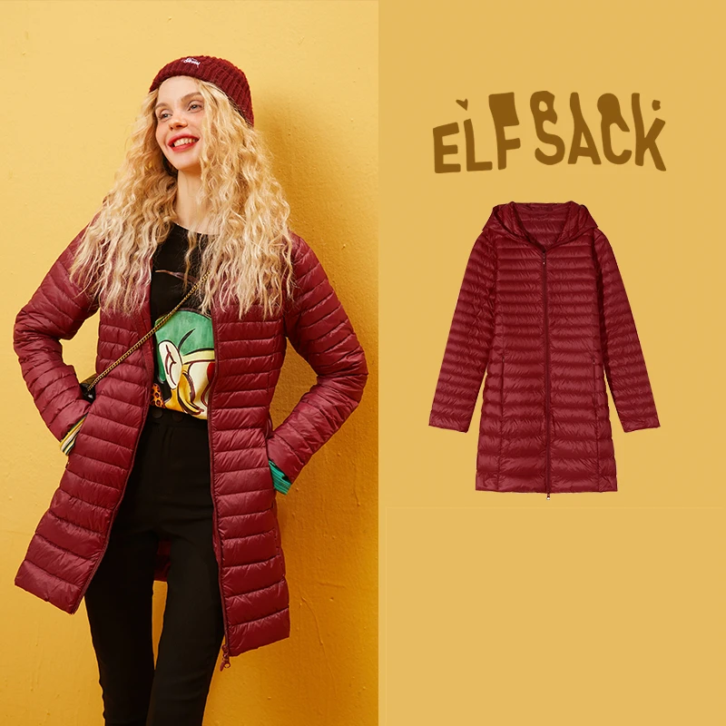 Long Burgundy ELFSACK, ультра светильник, 80% белый утиный пух, пальто для женщин, сплошной цвет, короткая тонкая куртка, Осень-зима, теплая тонкая верхняя одежда - Цвет: Long Burgundy