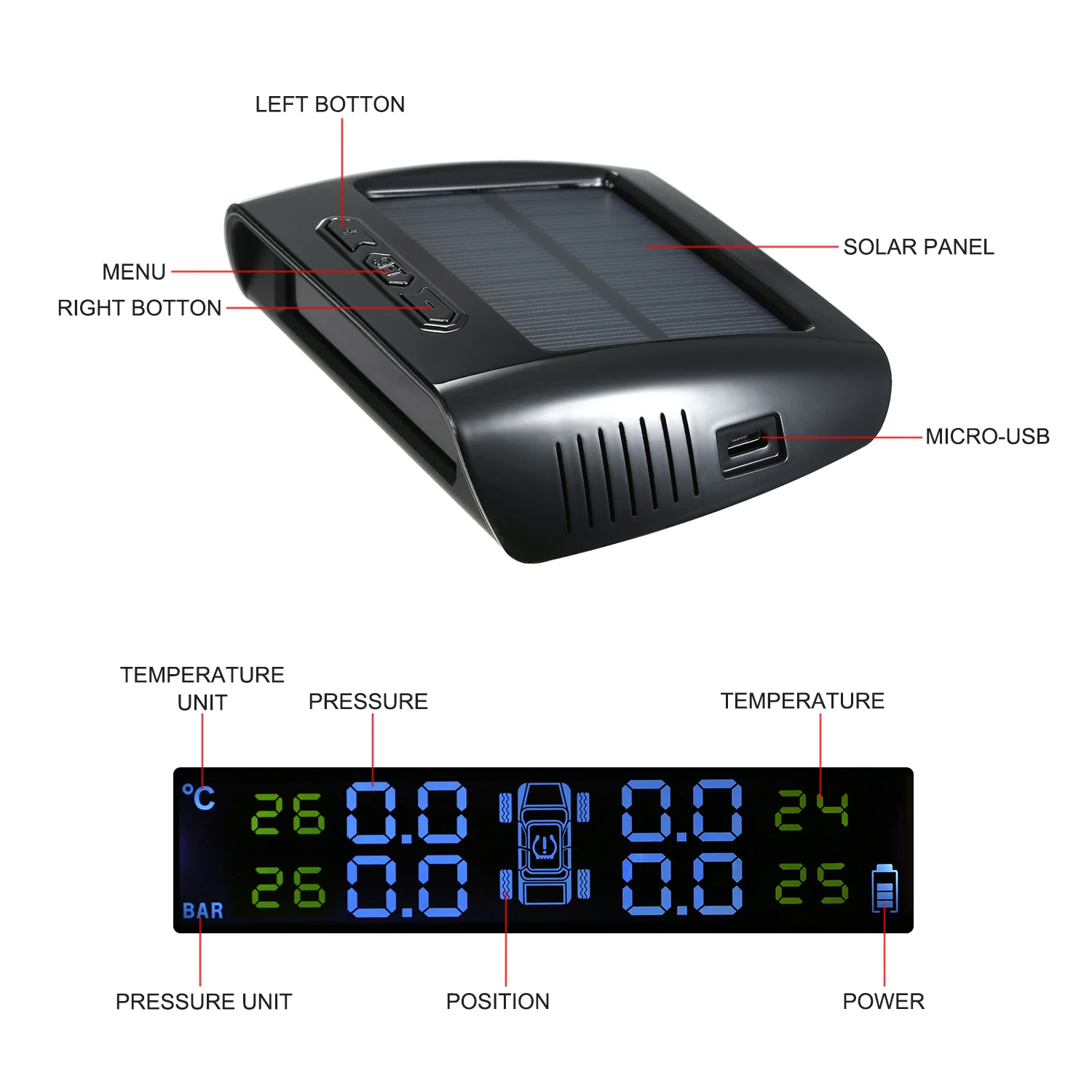 Универсальная беспроводная система контроля давления в шинах TPMS на солнечной энергии с 6 внешними датчиками для шин автомобилей RV грузовиков буксировочных прицепов