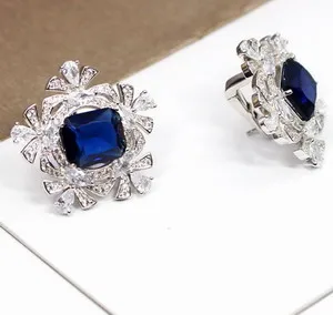

New fashion big square Sapphire/green color cubic zircon stone flower earrings for ladies wedding party