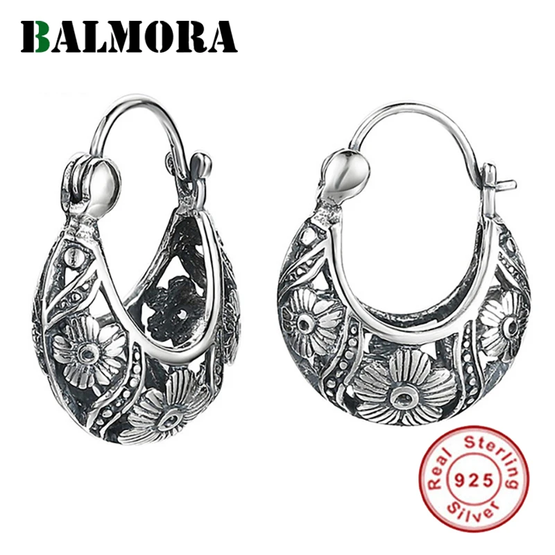 Skup BALMORA 925 Sterling Silver etniczne Hollow kwiat klipsy dla kobiet matka kochanka prezent Retro modna elegancka biżuteria