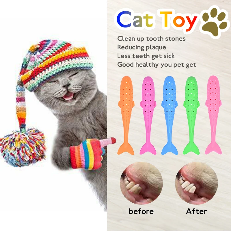 

Cat Fish Shape Toothbrush Pet Silicone Eco-Friendly Molar Stick Teeth Clean Toy Interactive Cat Toy Soft Mint Chew Toy