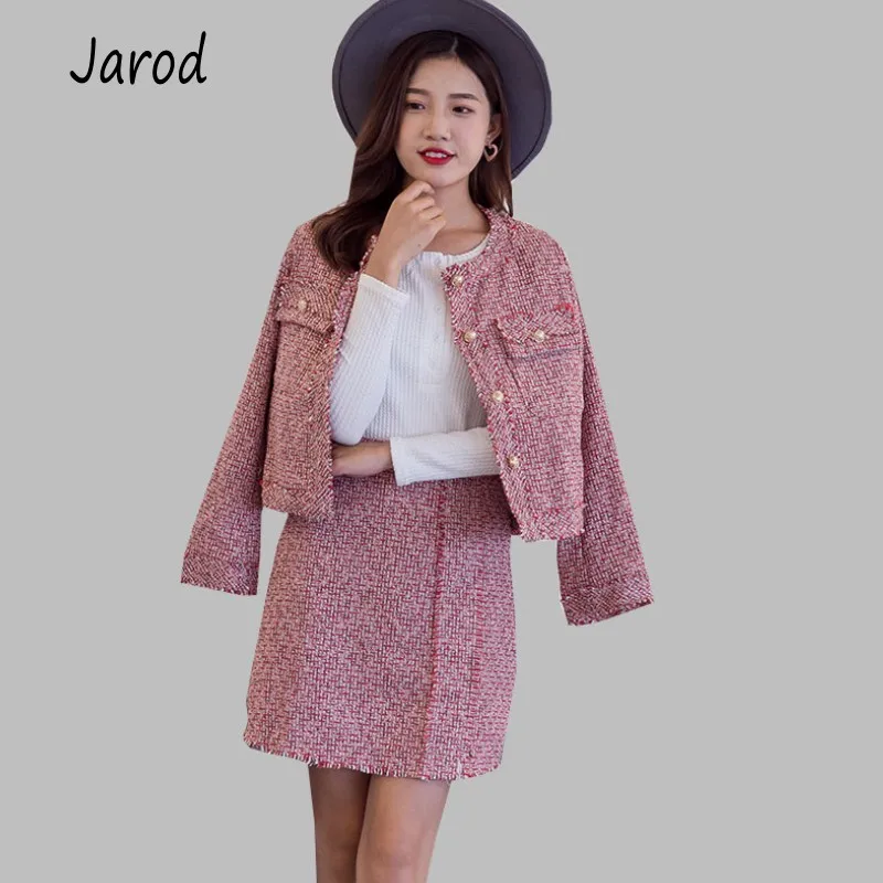 

New fashion 2019 Autumn Winter Tweed Suit Set Women's Single Breasted Short Jacket Coat + High Waist Tassels Bodycon Mini Skirt