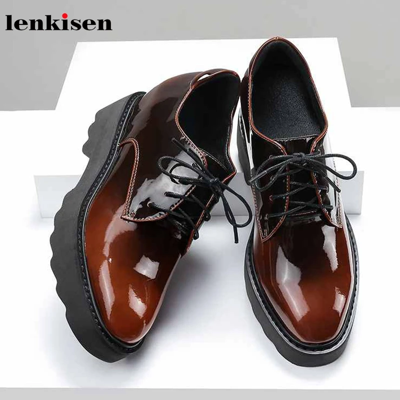 

Lenkisen Discoloration Heightening round toe high heels thick bottom waterproof lace up British autumn vulcanized shoes L2f1