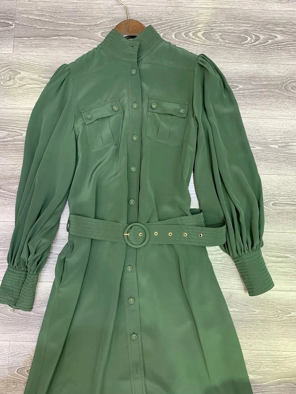 Top Quality Women Silk Polka Dot Print/Green Solid Color Stand Neck Puff Sleeve Long Dress With Waist Belt