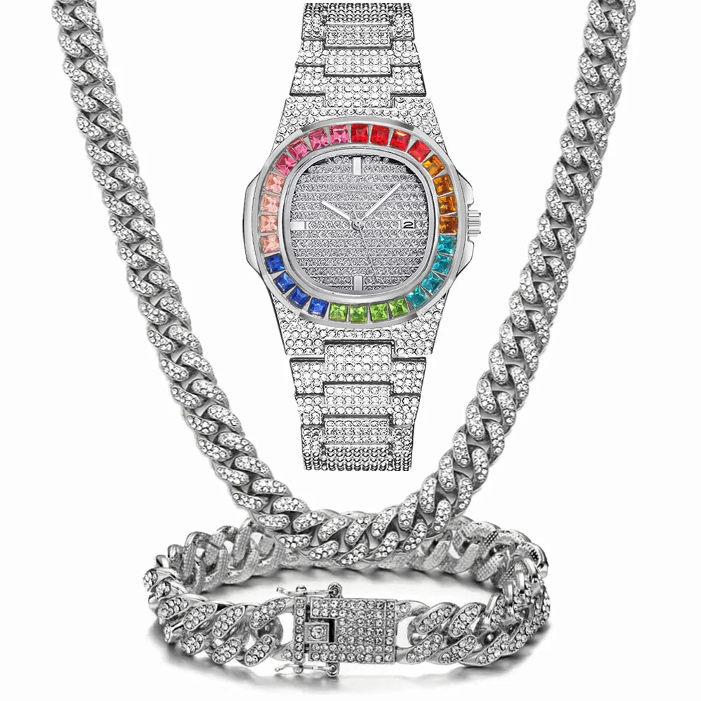 3/2Pcs Necklace+Watch+Bracelet Hip Hop Miami Cuban Chain Gold Color Colorful Iced Out Rhinestone Bling Women Men Jewelry Watches