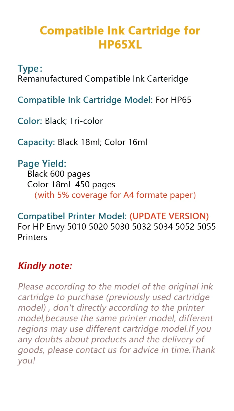 Обновление версии картридж совместимый для hp 65 для hp 65XL 65XL для hp Envy 5010 5020 5030 5032 5034 5052 5055 принтеры