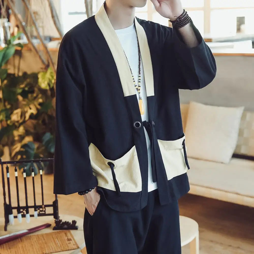 Men Japanese Kimono Coat Cardigans Tops Jacket Retro Baggy Yukata Outwear Black 