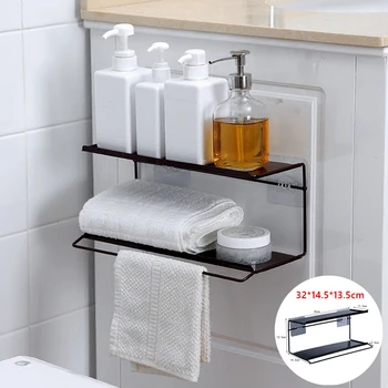 

1Pc Creative 2 Layer Iron Storage Rack Wall-mounted Kitchen Bathroom Shelf with Towel Bar