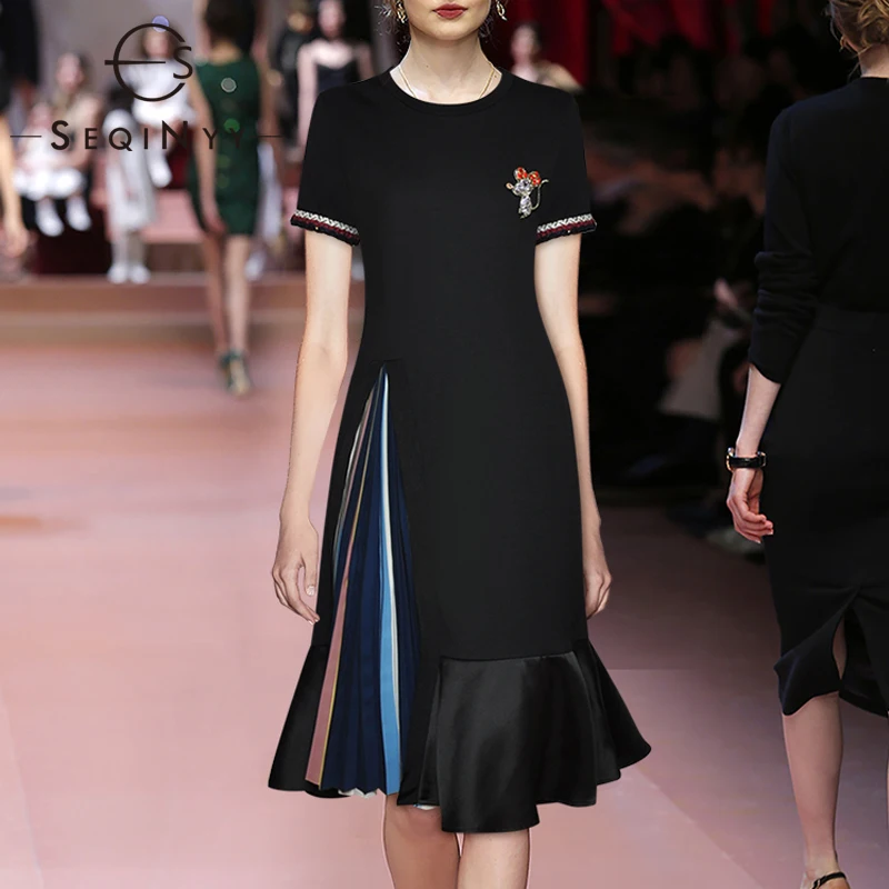 

SEQINYY T Shirt Dress 2020 Summer Spring New Fashion Design Women Animal Beading Pleated Knee Casual Black Dress Runway