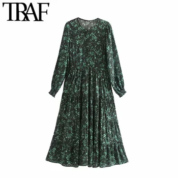 

TRAF Women Elegant Floral Print Pleated Midi Dress Vintage Fashion O Neck Long Sleeve Stylish Female Dresses Vestidos Mujer